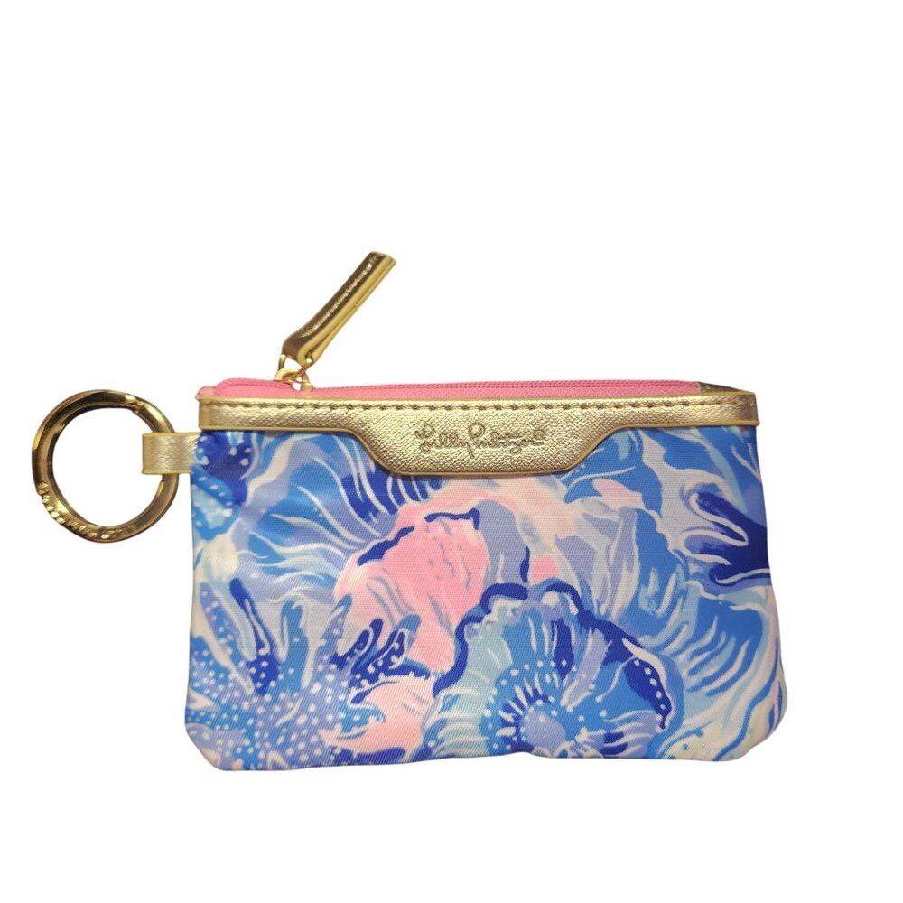 Lilly Pulitzer Floral Keychain Wallet Coin Purse With Gold Trim & Pink Interior